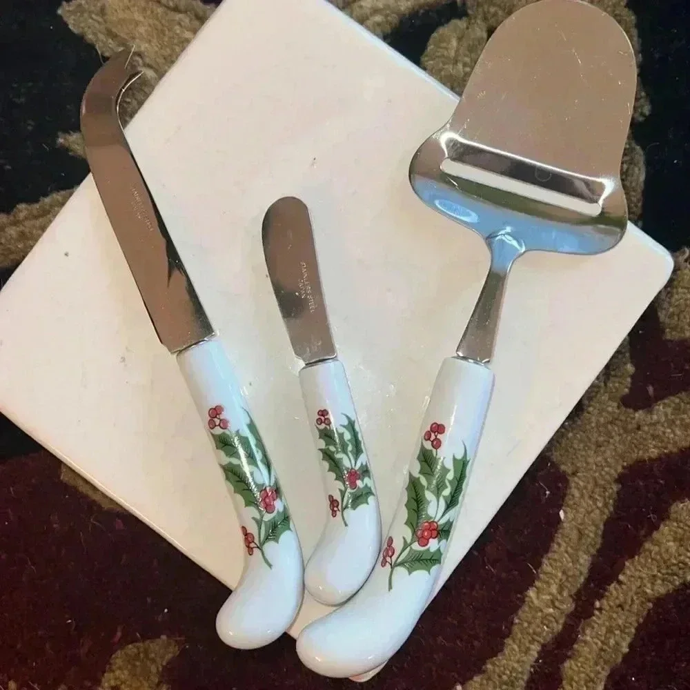 Vintage Holiday Holly Berry 3 Piece Cheese Set Stainless Steel Made In Japan